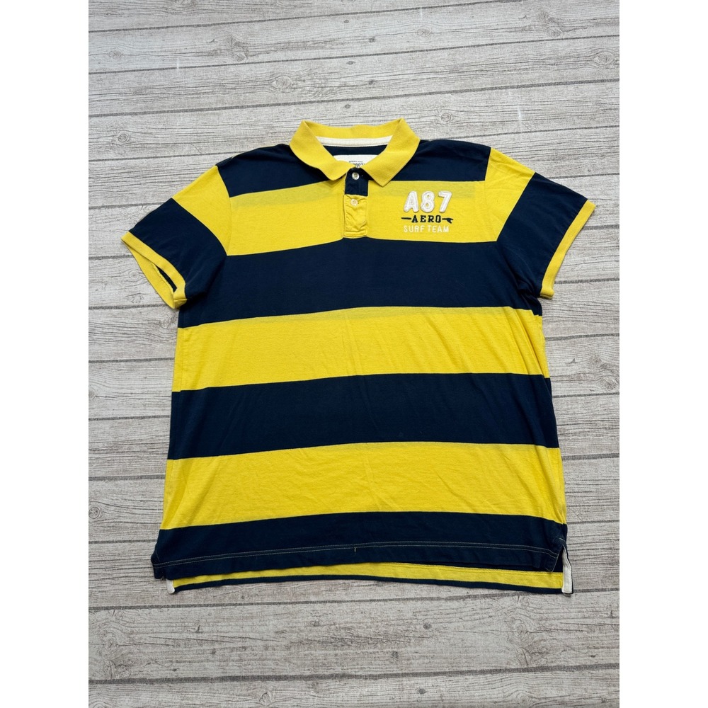 Y2K Aeropostale Polo Shirt Mens 2XL Yellow Navy Blue Striped Cotton Short Sleeve